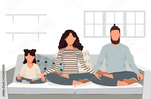 Yoga family. Mother, father, and daughter sitting in lotus pose on the sofa, meditating, practicing yoga. Vector illustration