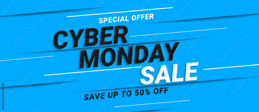Obraz premium Cyber Monday sale banner background. Special offer 50% off on black background. Template design for poster, flyer, web banner, social media, advertising. Vector illustration 