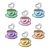 A set of colored icons, a beautiful cup with an autumn pattern, a hot drink, vector i cartoon