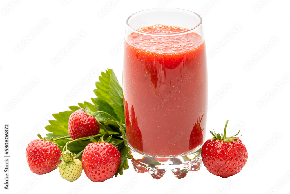PNG, a glass of strawberry juice and fresh strawberries