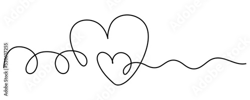 Continuous line drawing of love sign with two hearts embracing simple design on white background.