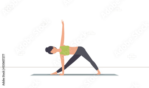 Woman in sportswear demonstrating utthita trikonasana pose vector illustration. Girl standing on the yoga mat in triangle position isolated on white. Woman practicing yoga
