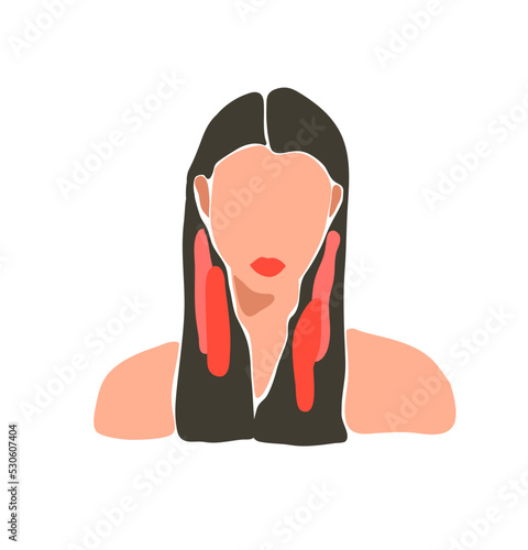 Hand drawn vector abstract graphic contemporary aesthetic fashion illustration with bohemian,beautiful modern female portrait in simple trendy minimal style.Woman fece beauty silhouette concept design