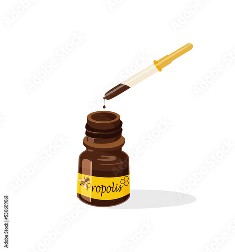 Brown bottle with pipette and drop of drugs. Propolis medicine, natural antibiotic, alternative medicine. Apitherapy. Vector illustration