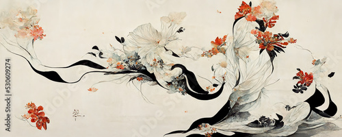 Tableau sur toile Kimono drawing, simplistic Japanese aesthetic art on a white textured background, hints of red flowers