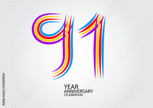 91 years anniversary celebration logotype colorful line vector, 91th birthday logo, 91 number design, Banner template, logo number elements for invitation card, poster, t-shirt.