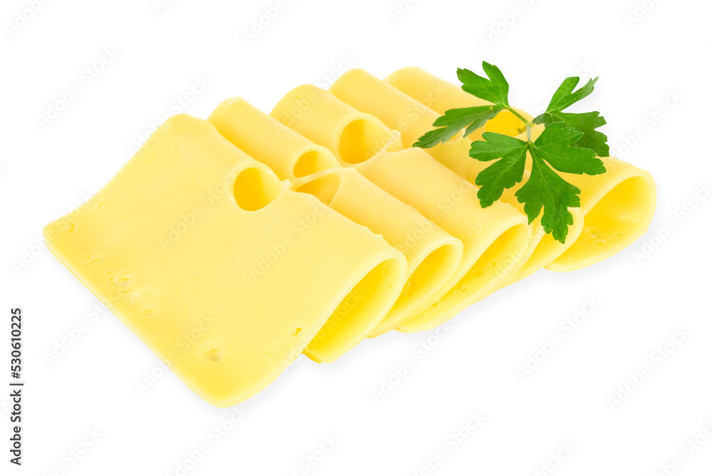 Fresh pieces of yellow cheese with parsley isolated on a transparent background in close-up Fresh pieces of yellow cheese with parsley isolated on a transparent background in close-up