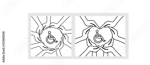The concept of inclusion, equality and diversity. Hands form a heart and a circle around a person in a wheelchair. employee protection illustration