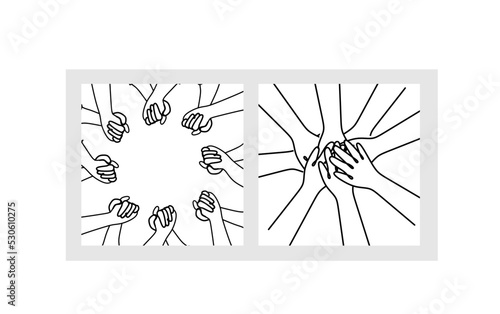 Set of illustrations of inclusion, equality and diversity. Hands form a circle and hold each other. Black and white illustration