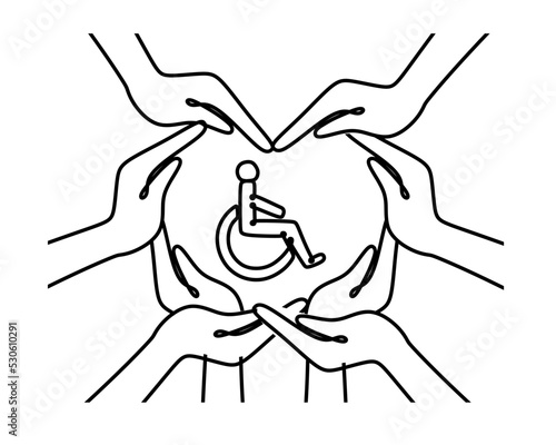 The concept of inclusion, equality and diversity. Hands form a heart around a person in a wheelchair. Employee protection. black and white one line illustration
