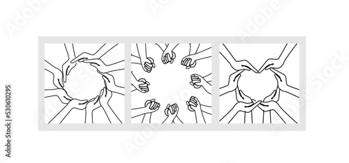 The concept of inclusion, equality and diversity. The hands form a heart and a circle and hold each other. Black and white illustration