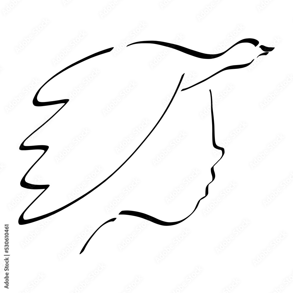 child or woman with a flying bird on her head instead of hair, black outline child or woman with a flying bird on her head instead of hair, black outline