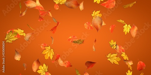Autumn leaves are falling on a orange background. 3D render of leaf fall. Autumn concept. Changing seasons. 