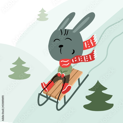 Cartoon rabbit sledding