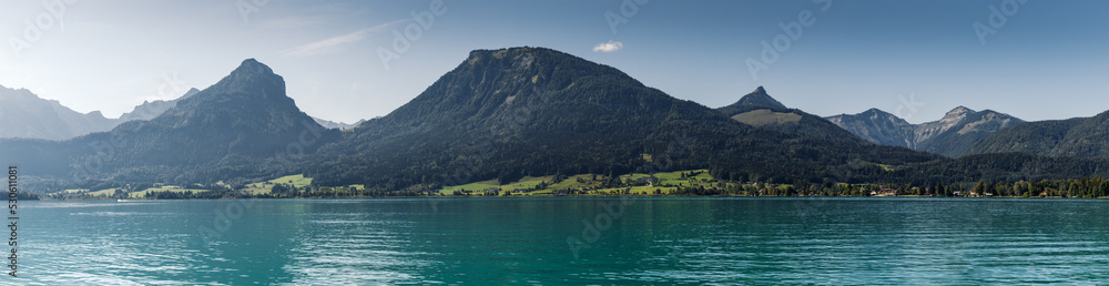 Alps mountains over Wolfgangsee lake in Salzburger land, Upper Austria. Panoramic landscape