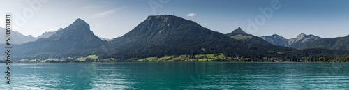 Alps mountains over Wolfgangsee lake in Salzburger land, Upper Austria. Panoramic landscape