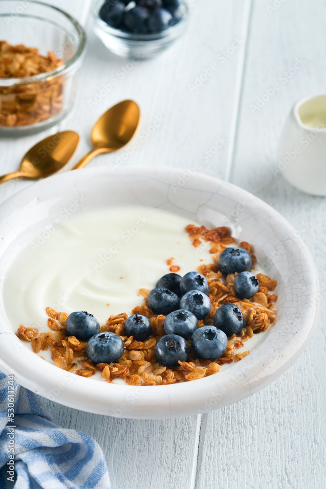 Yogurt. Greek Yogurt with granola and fresh blueberries in white bowl over old white wood background. Morning breakfast concept. Healthy food for breakfast, top view Yogurt. Greek Yogurt with granola and fresh blueberries in white bowl over old white wood background. Morning breakfast concept. Healthy food for breakfast, top view
