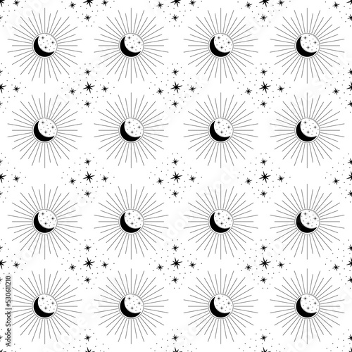 Vector celestial seamless pattern. Isolated linear blask and white cosmic elements. Sun, Moon and stars glyphs on white background