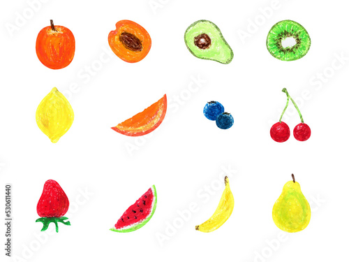 Fototapeta Naklejka Na Ścianę i Meble -  Oil pastel minimalistic fruits set on isolated white background. For social media, postcard, greeting card, stationery, invitation, art printable, planner, stickers