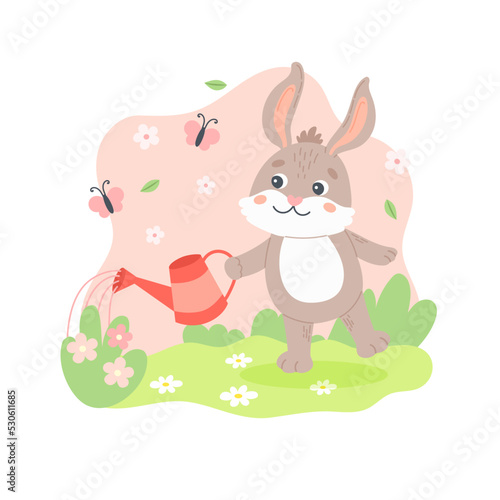 Bunny watering plants. Spring character outdoors with butterflies. Cute seasonal vector illustration in flat cartoon style