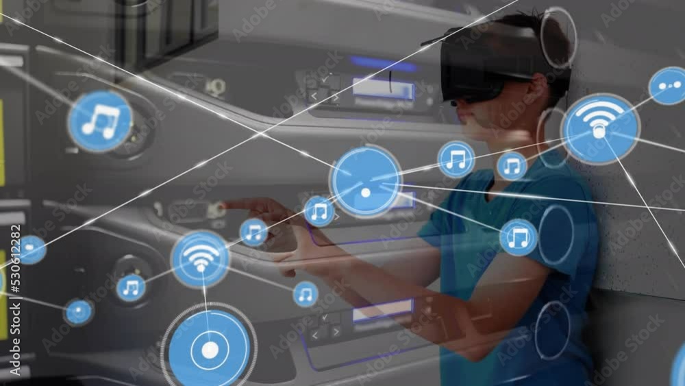 Animation of network of connections with icons over caucasian boy wearing vr headset Animation of network of connections with icons over caucasian boy wearing vr headset