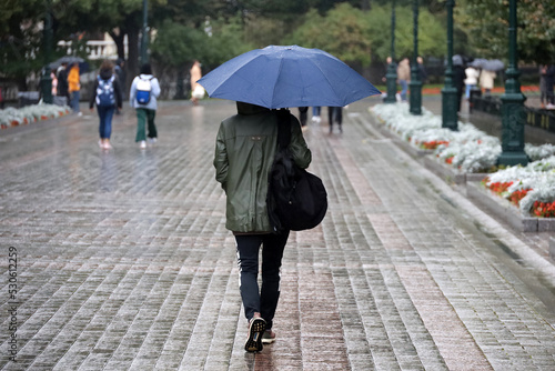 Rain in city, girl in raincoat walk with umbrella on a street on people background. Rainy weather in autumn