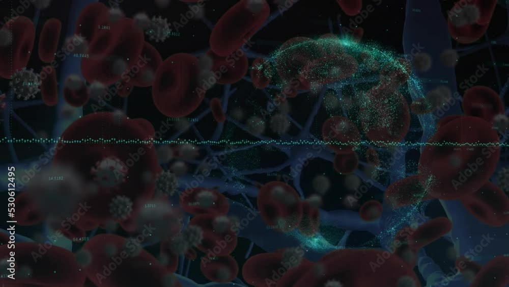 Animation of data processing over virus cells and globe Animation of data processing over virus cells and globe