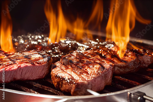 Grilled meat steak on stainless grill depot with flames on dark background. Food and cuisine concept.