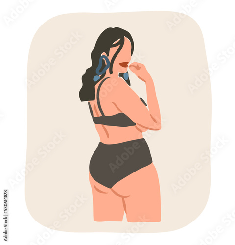 Hand drawn vector abstract stock flat graphic contemporary aesthetic fashion illustration with bohemian,beautiful modern plus size female in simple trendy minimal style.Fashion woman design concept.