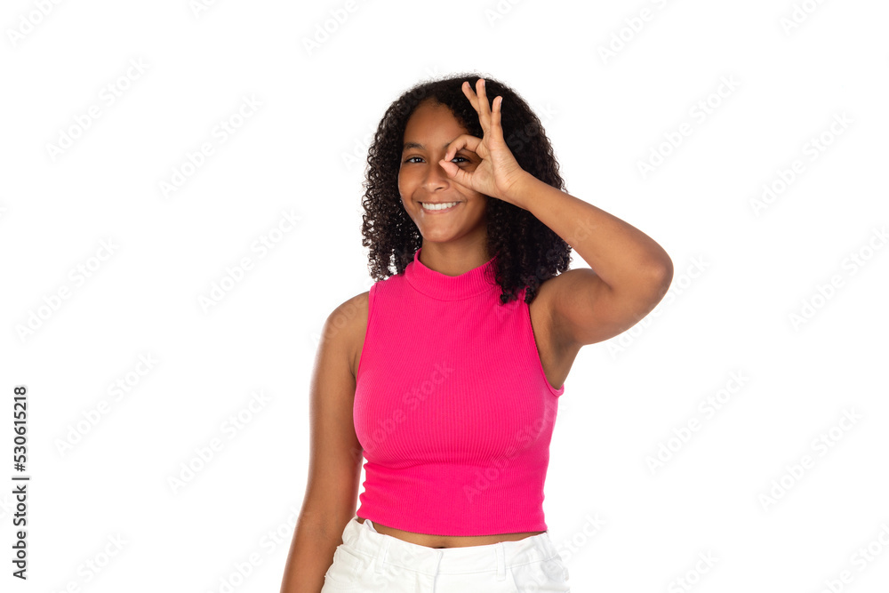 Young girl looking at camera through hole between thumb and index finger as if using glasses Young girl looking at camera through hole between thumb and index finger as if using glasses