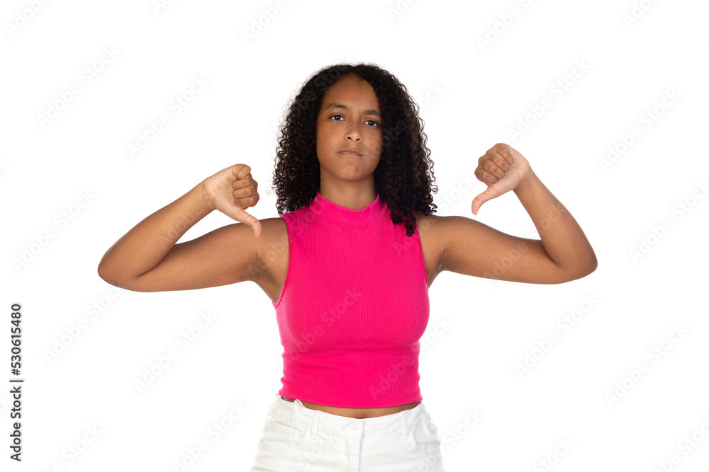 Dissatisfied young african american girl thumbs down gesture Dissatisfied young african american girl thumbs down gesture