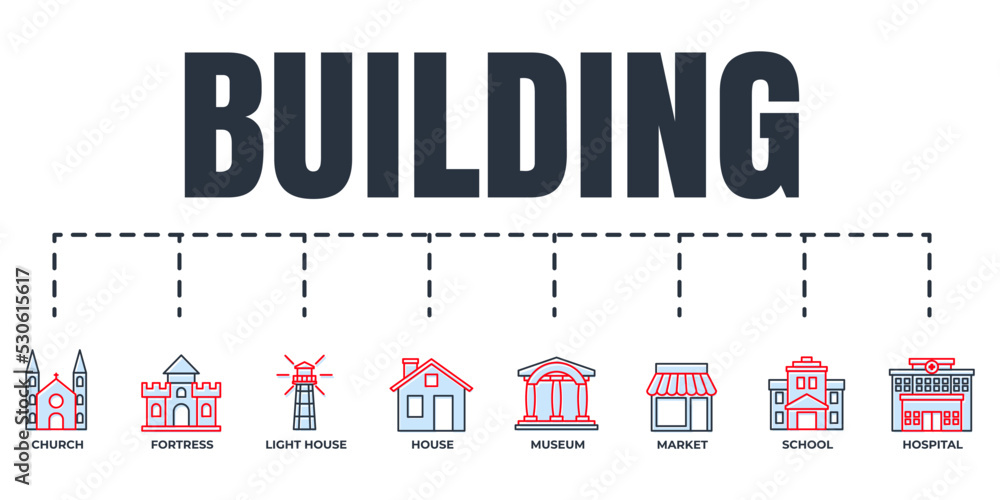 Building banner web icon set. school, lighthouse, church, museum, market, fortress, hospital, house vector illustration concept. Building banner web icon set. school, lighthouse, church, museum, market, fortress, hospital, house vector illustration concept.