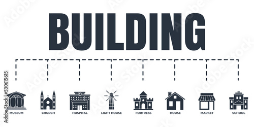 Building banner web icon set. school, lighthouse, church, museum, market, fortress, hospital, house vector illustration concept.