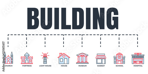 Building banner web icon set. school  lighthouse  church  museum  market  fortress  hospital  house vector illustration concept.