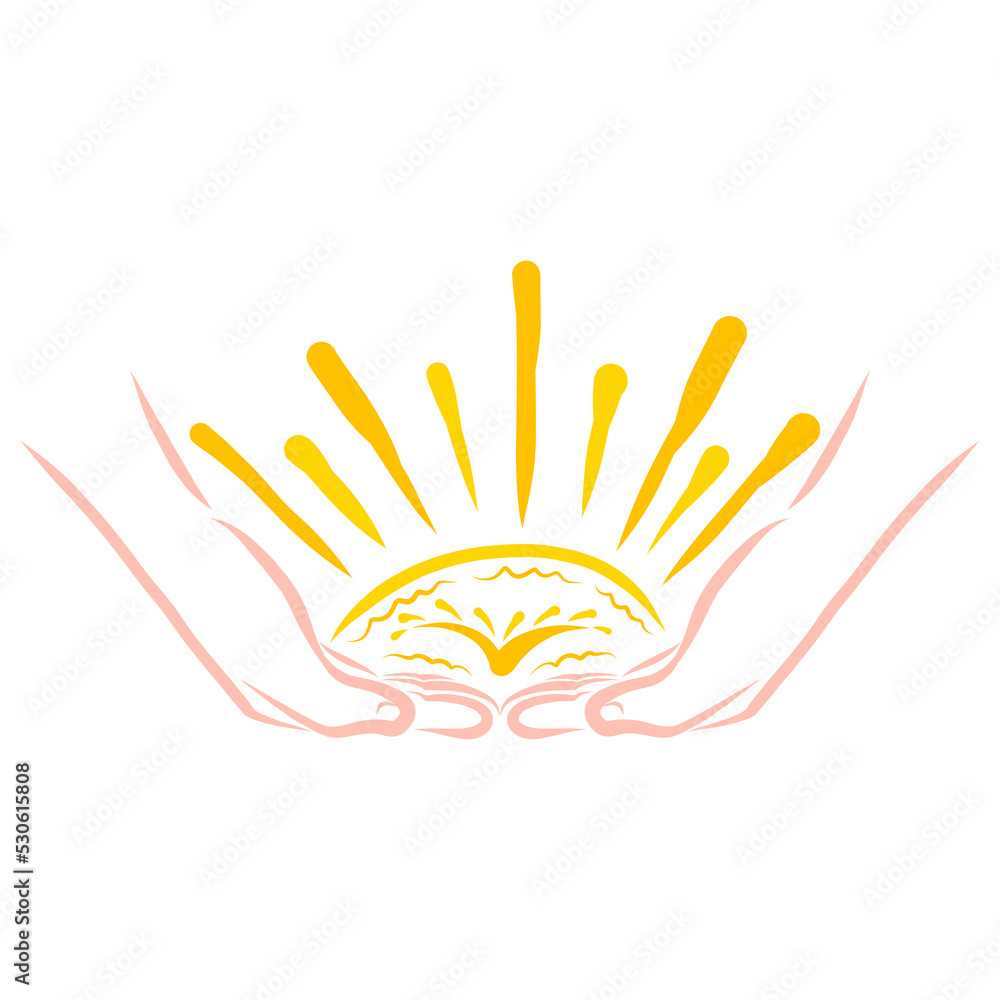 Fototapeta premium shining yellow sun in hands, bird inside light, color sketch on white background