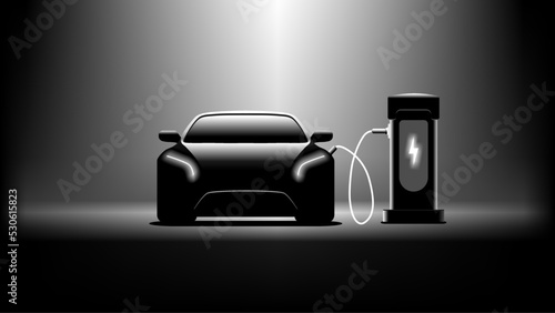 Electric car charging. Dark background. Electronic vehicle power dock. EV Plugin station. Fuel recharge cells. Green color vector illustration.