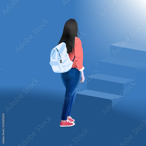 Student career guide poster. Girl step on stairs ahead. Female backpack walking path choose character vector illustration.