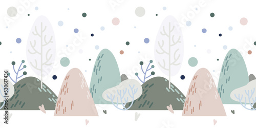 Vector seamless border with winter forest in mountains. Decorative illustration winter trees in flat style scandi minimalism. Design in delicate color for baby wallpaper, textile, fabric, print.