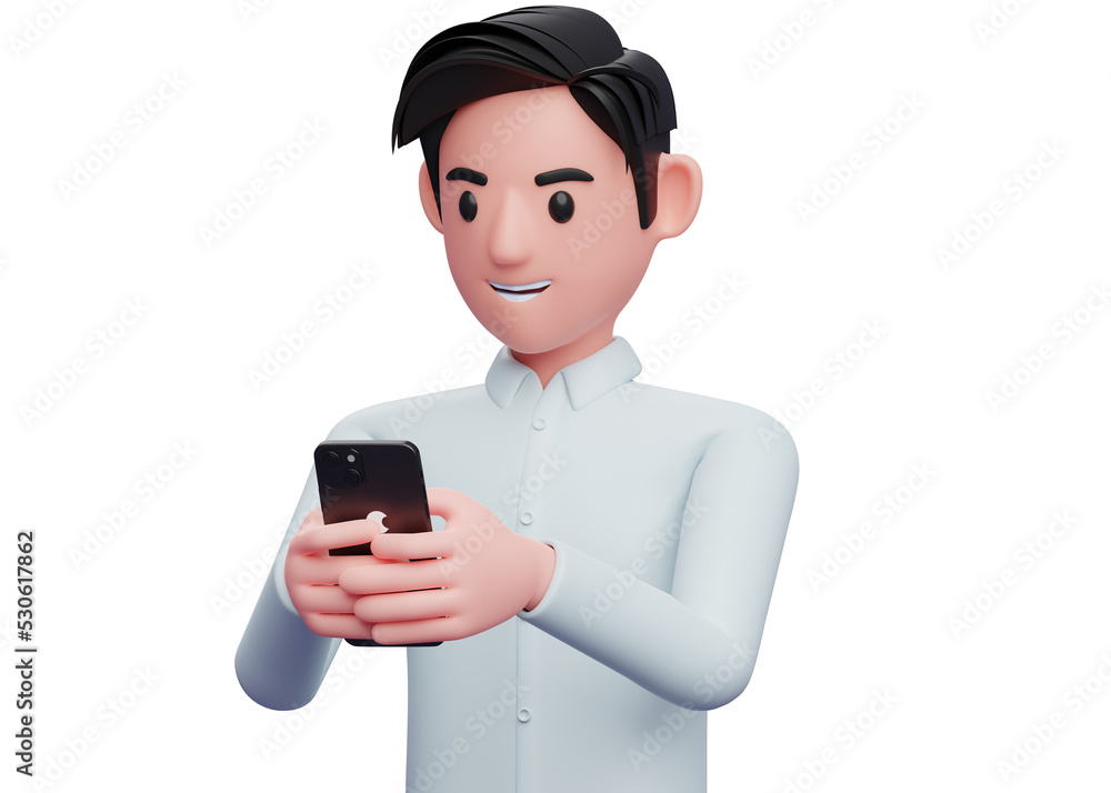 portrait of a businessman playing with a cell phone, 3d illustration of businessman holding phone
