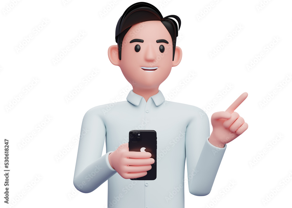 businessman holding a cell phone while pointing to the side choosing something, 3d illustration of businessman holding phone businessman holding a cell phone while pointing to the side choosing something, 3d illustration of businessman holding phone