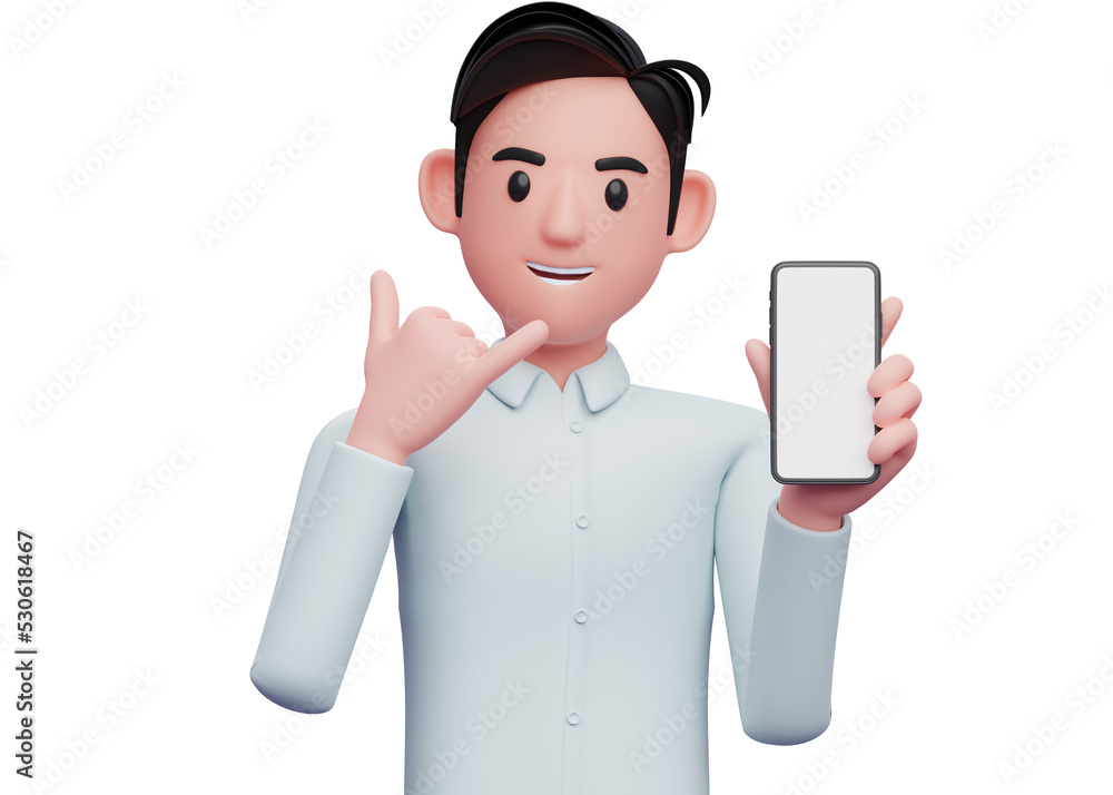 businessman holding a cell phone with the gesture call me sign finger, 3d illustration of businessman holding phone businessman holding a cell phone with the gesture call me sign finger, 3d illustration of businessman holding phone