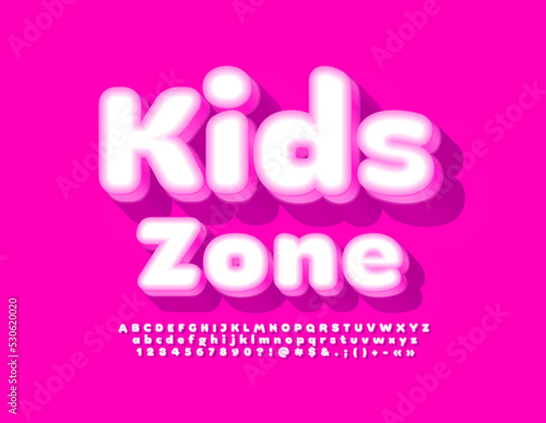 Vector cute emblem Kids Zone. White and Pink Font. Childish set of Alphabet Letters and Numbers