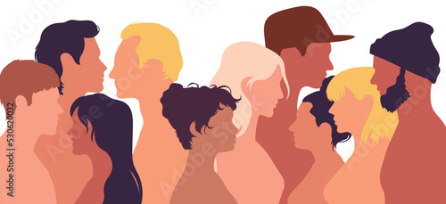 Co-workers in a community with a bargaining agreement or pact. Multiethnic people in a flat cartoon from the side. Co-workers, Harmony, and Organization.
