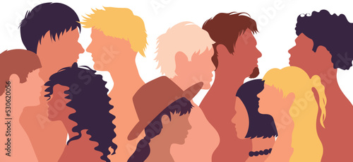 Several isolated coloured flat cartoon people talking in a crowd. Multiple exposures, conferences or debates. Friends communicating or comparing notes.