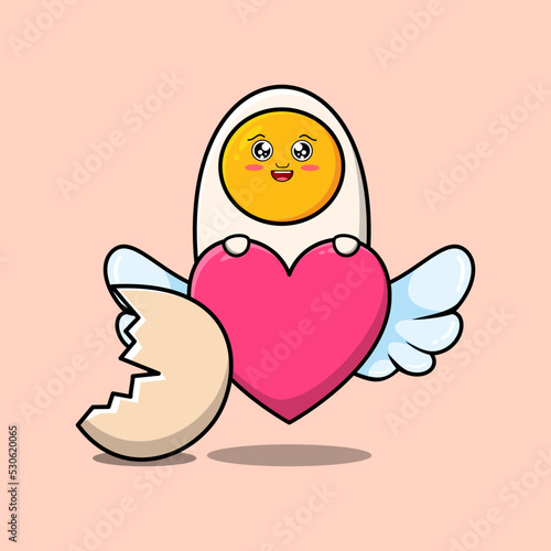 cute cartoon fried eggs character hiding heart in flat cartoon style illustration