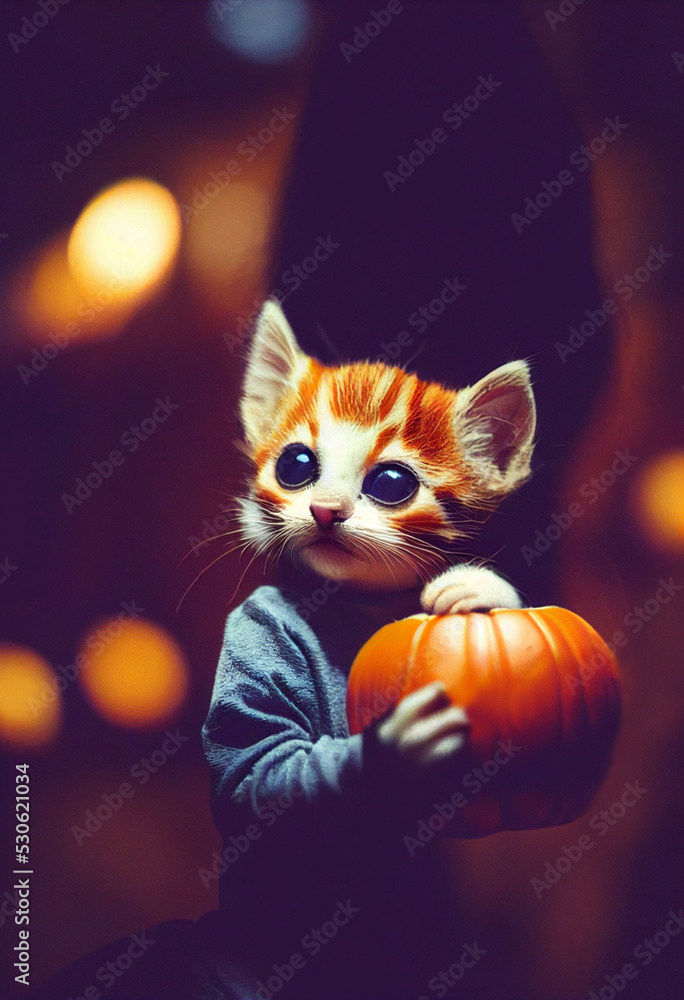 Fototapeta premium Kitty cat stole halloween pumpkin