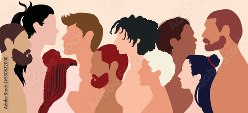 The voice of young people. Collared flat cartoon profiles. Students talking. Contour line and crowd talking. Vector multiple exposures.