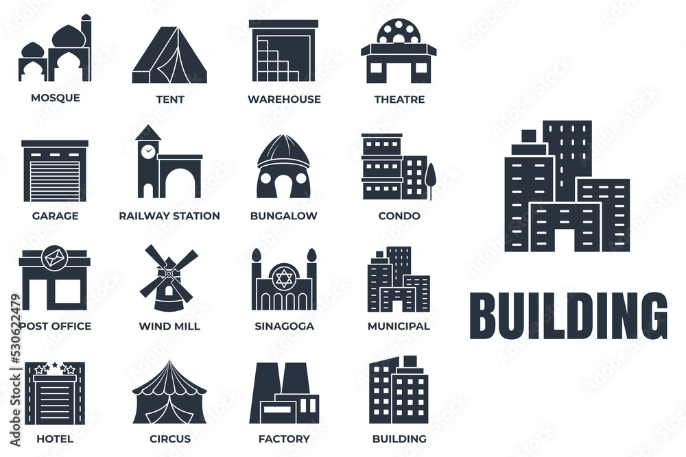 Naklejka premium Set of Building icon logo vector illustration. municipal, hotel, garage, bungalow, mosque, railway station and more pack symbol template for graphic and web design collection