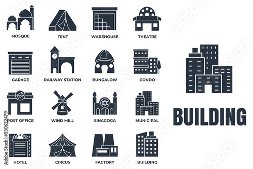 Set of Building icon logo vector illustration. municipal  hotel  garage  bungalow  mosque  railway station and more pack symbol template for graphic and web design collection