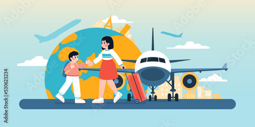 Woman And Boy Go To Travel Around The World, Vector, Illustration
